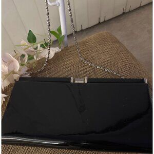 Vintage Black Patent Leather Clutch With Silver Chain Strap & Clasp Closure
